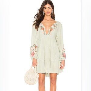 Free People Spell On You Embroidered Mini Dress Sage Green Boho Size Small